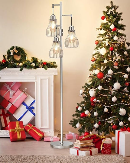 Dimmable Floor Lamp, 3 x 800LM LED Edison Bulbs Included, Farmhouse Industrial Floor Lamp Standing Tree Lamp with Elegant Cage Tall Lamps for Living Room Bedroom Office - Silver - LeafyLoom