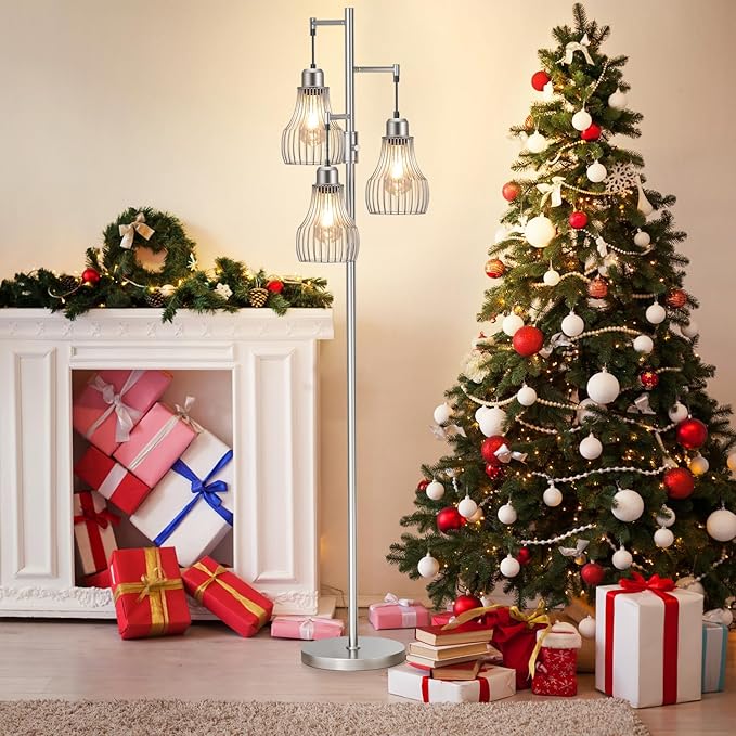 Dimmable Floor Lamp, 3 x 800LM LED Edison Bulbs Included, Farmhouse Industrial Floor Lamp Standing Tree Lamp with Elegant Cage Tall Lamps for Living Room Bedroom Office - Silver - LeafyLoom