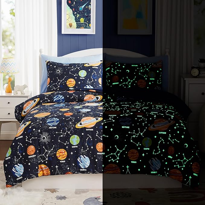 Full Size Comforter Sets - Bedding Sets Full 7 Pieces, Glow in The Dark Bed in A Bag Full, Lightweight Space Bedding Sets for Kids, Teens - LeafyLoom