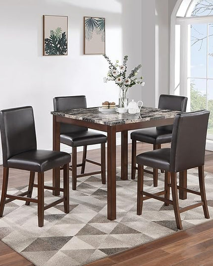 NicBex 5 Piece Dining Table Set Kitchen Table with Bench 5pc Counter Height Dining Set Kitchen Dinette Faux Marble Top Table and 4X High Chairs Faux Leather Cushions Seats, Espresso - LeafyLoom