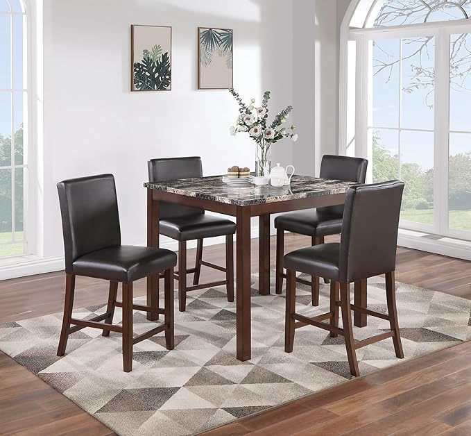 NicBex 5 Piece Dining Table Set Kitchen Table with Bench 5pc Counter Height Dining Set Kitchen Dinette Faux Marble Top Table and 4X High Chairs Faux Leather Cushions Seats, Espresso - LeafyLoom