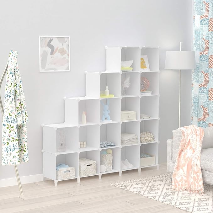 HOMIDEC 20-Cube Storage Shelf, Storage Bookcase Bookshelf with Metal Hammer, Storage Cubes Organizer Cabinet for Kids, Closet, Bedroom, Bathroom, (11.8x11.8x11.8 inch) - LeafyLoom