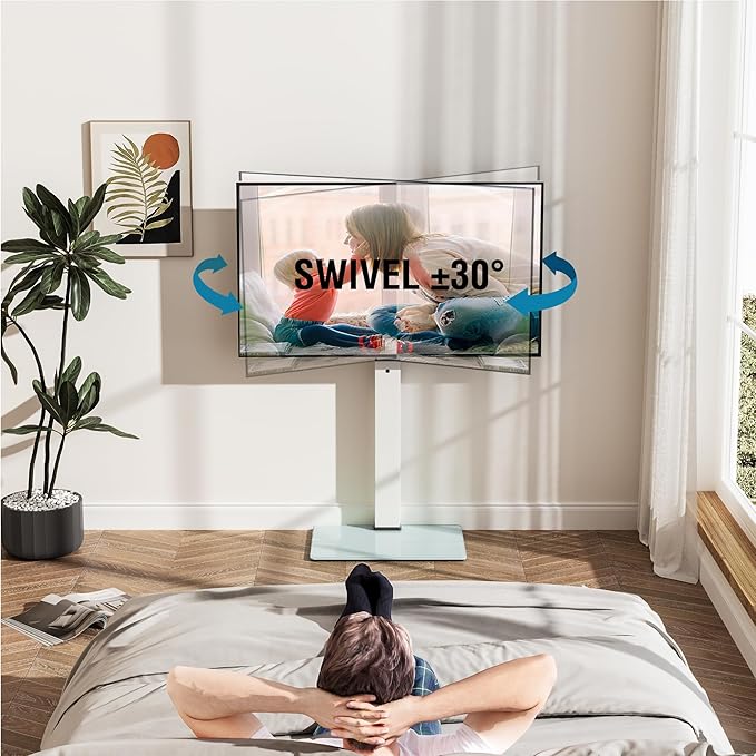 FITUEYES Swivel Floor TV Stand with Mount for TVs 37 43 50 55 60 65 70 75 Inch LCD LED Flat/Curved Screens Universal Swivel Televisions TV Mount Stand for Bedroom Living Room Black Tempered Glass Base - LeafyLoom