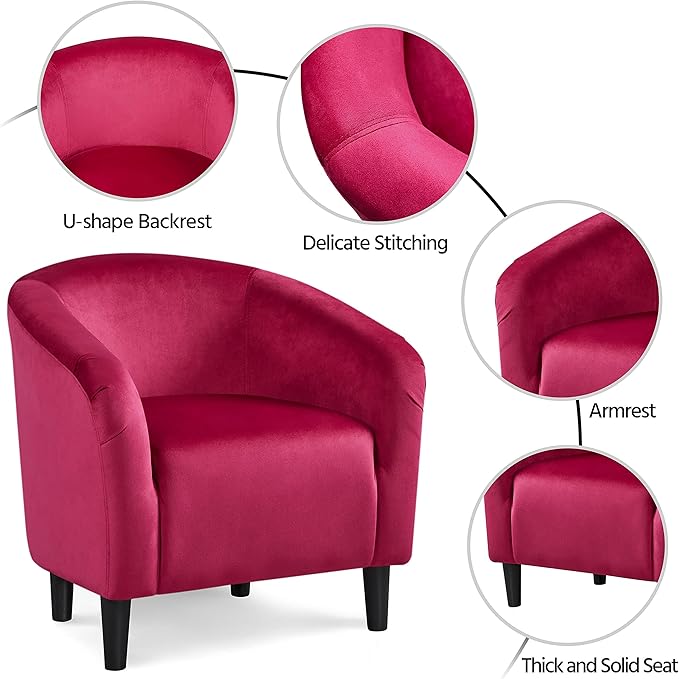 Yaheetech Club Chair, Velvet Accent Chair Upholstered Barrel Chair Sitting Chair with Armrest and Low Back for Living Room Bedroom, Rose Red - LeafyLoom