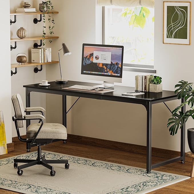 Computer Desk, 70 Inch Office Desk, Gaming Desk with Storage, Writing Desk Work Desk for Home Office, Study, Long Simple Desk, Large Legroom, Metal Frame, Black - LeafyLoom