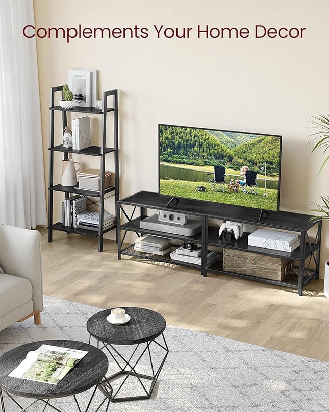 VASAGLE TV Stand, TV Console for TVs Up to 70 Inches, TV Table, 63 Inches Width, TV Cabinet with Storage Shelves, Steel Frame, for Living Room, Bedroom, Black with Wood Grain ULTV095B22 - LeafyLoom