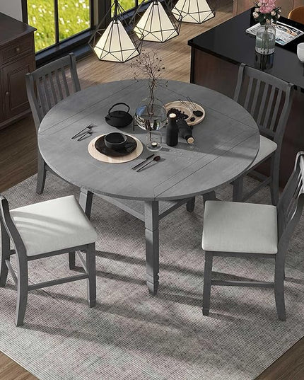 5-Piece Counter Height Round Set in 2 Table Sizes with 4 Folding Leaves and Upholstered Chairs for Dining Room (Gray+Beige Cushion), 38"~54" L x 38"~54" W x 36.2" H - LeafyLoom