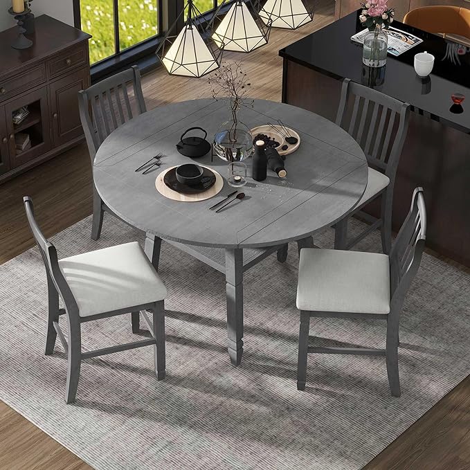5-Piece Counter Height Round Set in 2 Table Sizes with 4 Folding Leaves and Upholstered Chairs for Dining Room (Gray+Beige Cushion), 38"~54" L x 38"~54" W x 36.2" H - LeafyLoom