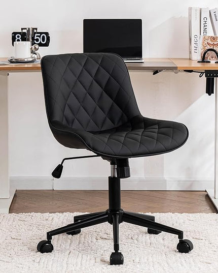 YOUNUOKE Comfortable Desk Chair, Home Office Chairs with Wheels, Armless Samll Comfy Vanity Chairs, PU Leather Computer Task Work Desk Chairs, Black - LeafyLoom