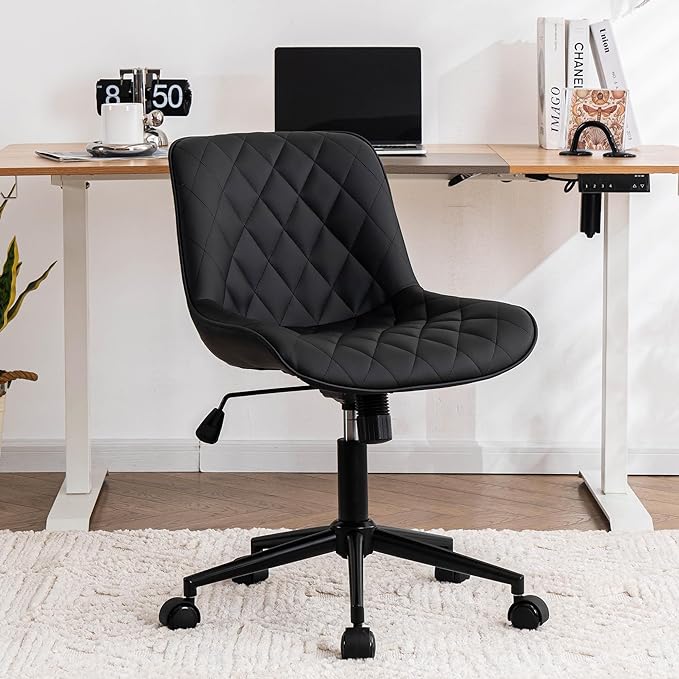 YOUNUOKE Comfortable Desk Chair, Home Office Chairs with Wheels, Armless Samll Comfy Vanity Chairs, PU Leather Computer Task Work Desk Chairs, Black - LeafyLoom