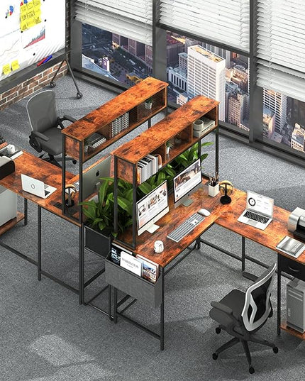 Yoobure L Shaped Desk with LED Strip & Power Outlet, Reversible L-Shaped Computer Desk, Corner Desks Home Office Desk with Drawer, Gaming Desk - LeafyLoom