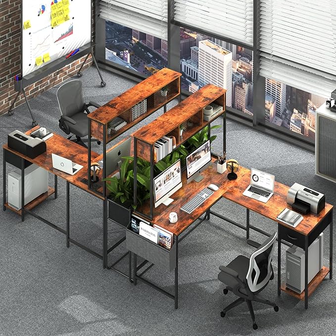 Yoobure L Shaped Desk with LED Strip & Power Outlet, Reversible L-Shaped Computer Desk, Corner Desks Home Office Desk with Drawer, Gaming Desk - LeafyLoom