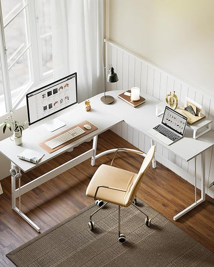 BANTI L Shaped Gaming Desk Computer Office Desk, 59 inch Corner Desk with Large Monitor Stand for Home Office Study Writing Workstation, White - LeafyLoom