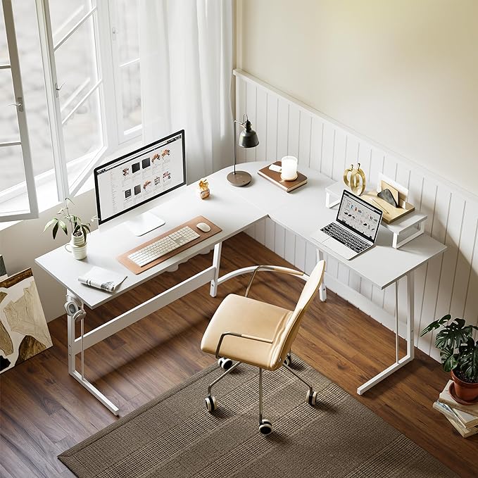 BANTI L Shaped Gaming Desk Computer Office Desk, 59 inch Corner Desk with Large Monitor Stand for Home Office Study Writing Workstation, White - LeafyLoom