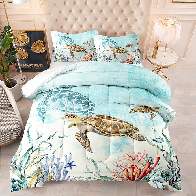 CVHOUSE Ocean Watercolor Sea Turtle Comforter Set, Queen Size, 1 Comforter, 2 Pillowcases, Polyester, for Adult, Teen, Kid, Modern Style, Unisex, Winter, Fall, Spring, Machine Wash - LeafyLoom