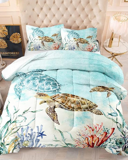 CVHOUSE Sea Turtle Comforter Set,Ocean Watercolor Sea Turtle Bedding Set for Kids Teens,Ocean Sea Turtle Comforter Sea Turtle Duvet Set Room Decor Quilt Set Full Size - LeafyLoom
