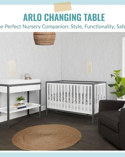 av2023-Dream nontoxic strap-3b688703 Arlo Changing Table, Made of Solid New Zealand Pinewood, Non-Toxic Finish, Comes with Water Resistant Mattress Pad & Safety Strap, Steel Grey And White - LeafyLoom