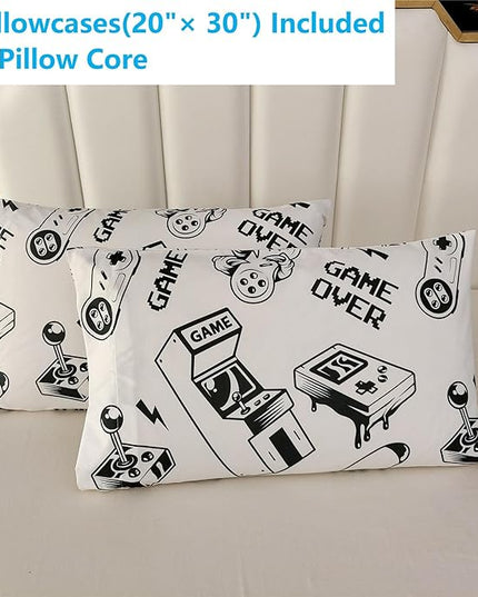 3PCS White Gamer Comforter Set Twin for Boys Girls Teens and Kids, Soft Microfiber Gamer Twin Quilt Bedding Set, Bed in a Bag Lightweight Summer Comforter, Twin - LeafyLoom