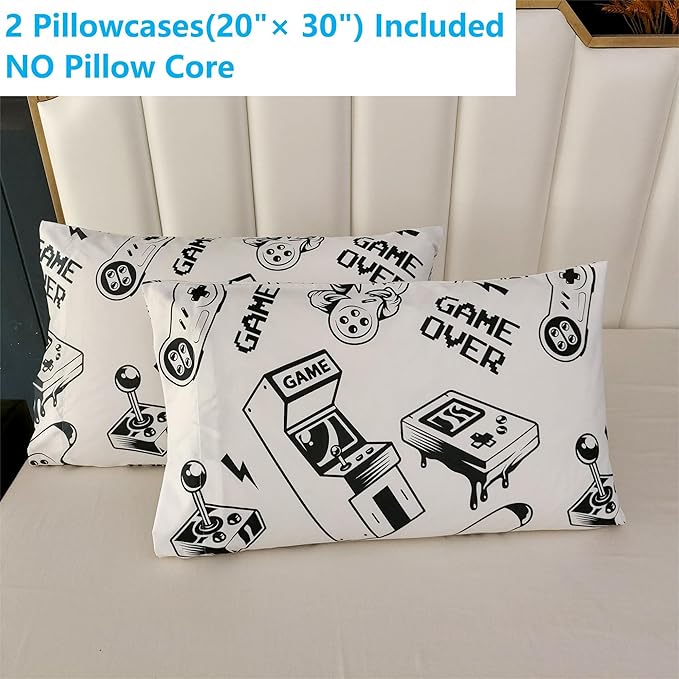3PCS White Gamer Queen Comforter Set for Boys Girls Teens and Kids, Soft Microfiber Gaming Queen Size Bedding Set, Queen Bed in a Bag Cute Room Decor, Hotel Luxury and Lightweight, Queen - LeafyLoom