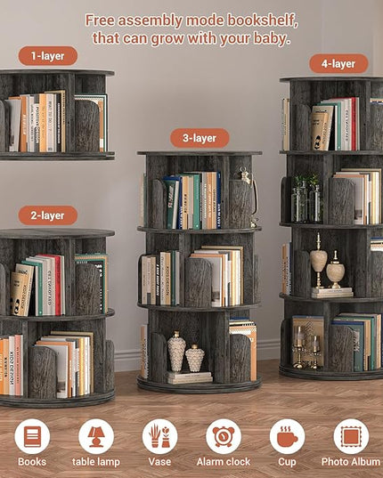 Rotating Bookshelf, Wood Corner Bookshelf, 360 Display Spinning Bookcase Storage Rack, 4 Tier Floor Standing Revolving Bookcase Narrow Book Shelf Organizer for Small Space, Bedroom, Grey Oak - LeafyLoom