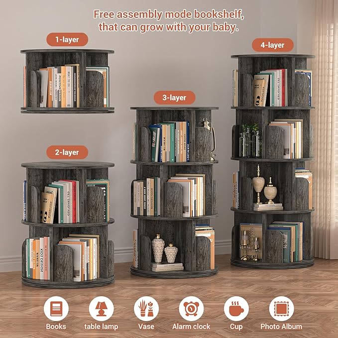 Rotating Bookshelf, Wood Corner Bookshelf, 360 Display Spinning Bookcase Storage Rack, 4 Tier Floor Standing Revolving Bookcase Narrow Book Shelf Organizer for Small Space, Bedroom, Grey Oak - LeafyLoom