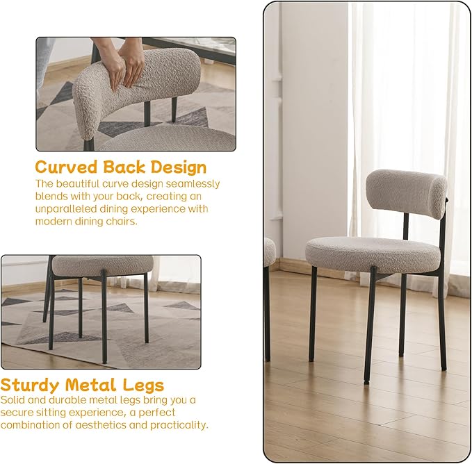 EDWELL Grey Dining Chairs Set of 6, Mid Century Modern Dining Room Chairs with 3.94” Cushions, Round Upholstered Boucle Chairs with Black Metal Legs for Kitchen, Living Room - LeafyLoom