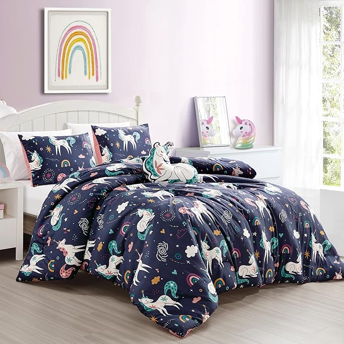 for Kids Unicorn Magic 4-Piece Comforter Set - Beautiful Motif Design Bedding Set with Embrodery Print - LeafyLoom
