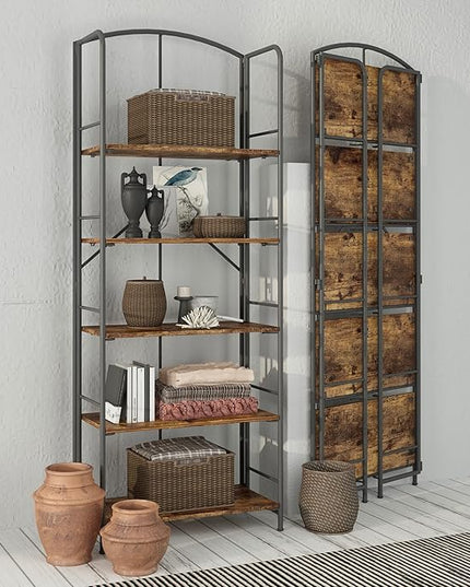 No Assembly Folding Bookshelf, Metal Book Shelf for Storage, Folding Bookcase for Office Organization and Storage (Firestone, 5 Tiers) - LeafyLoom