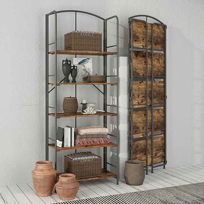 No Assembly Folding Bookshelf, Metal Book Shelf for Storage, Folding Bookcase for Office Organization and Storage (Firestone, 5 Tiers) - LeafyLoom