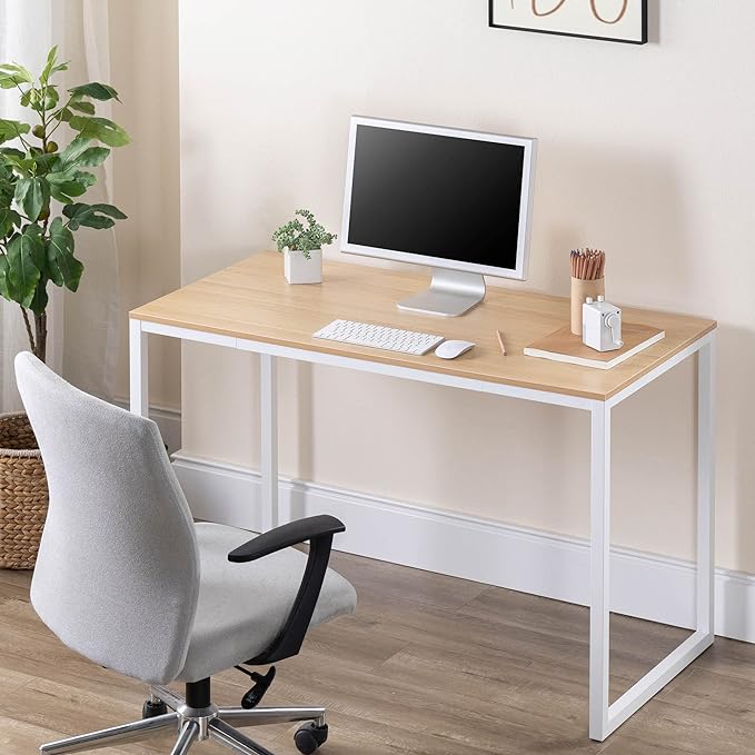 ZINUS Jennifer 47 Inch Computer Workstation / Office Desk - White Frame & Natural Top - LeafyLoom