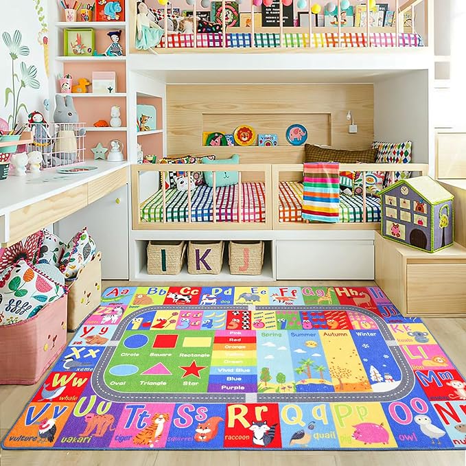 HOMORE Kids Educational Rug, Kids Collection Area Rug for Learning Alphabet, Numbers, Colors, Season and Animal Words, Playmat for Classroom Playroom, 3x5 Feet - LeafyLoom