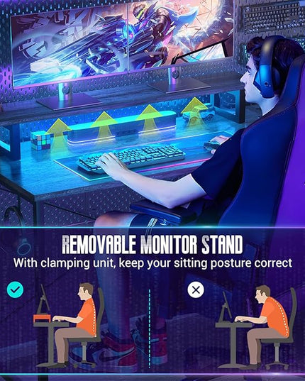 Homieasy L Shaped Gaming Desk with Power Outlet & LED Light, 55 Inch Computer Desk with Storage Shelves, Reversible Corner Desk with Monitor Stand Headset Hooks for Home Office, Black Oak - LeafyLoom