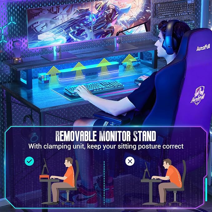 Homieasy L Shaped Gaming Desk with Power Outlet & LED Light, 55 Inch Computer Desk with Storage Shelves, Reversible Corner Desk with Monitor Stand Headset Hooks for Home Office, Black Oak - LeafyLoom