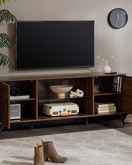 Walker Edison Saxon Mid Century Modern Glass Shelf TV Stand for TVs up to 65 Inches, 60 Inch, Walnut - LeafyLoom