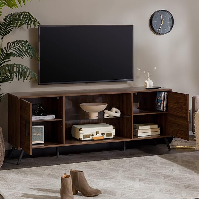 Walker Edison Saxon Mid Century Modern Glass Shelf TV Stand for TVs up to 65 Inches, 60 Inch, Walnut - LeafyLoom