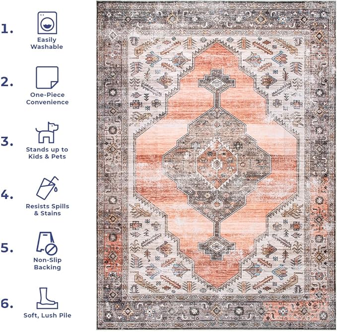 nuLOOM Gracie Distressed Medallion Machine Washable Ultra Thin Area Rug, 8x10, Peach - LeafyLoom