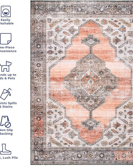 nuLOOM Gracie Distressed Medallion Machine Washable Ultra Thin Area Rug, 9x12, Peach - LeafyLoom