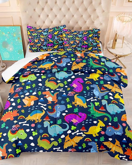 Dinosaur Full Size Bedding Set - Cartoon Dinosaur Full Size Comforter Sets for Boys Soft Breathable Blue Dino Quilt Kids Comforter Set Decor for Boys Bedroom, 1 Comforter 2 Pillowcase - LeafyLoom