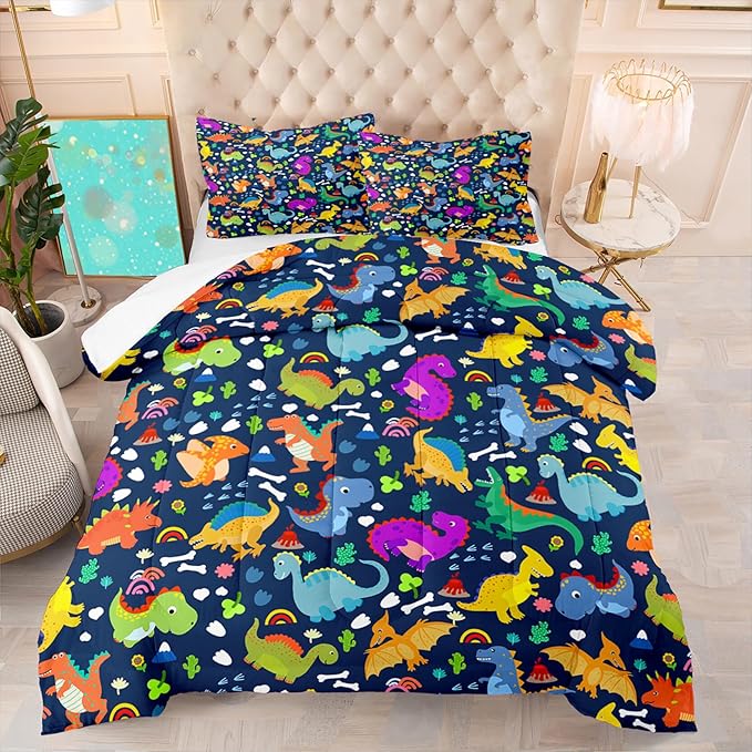 Dinosaur Full Size Bedding Set - Cartoon Dinosaur Full Size Comforter Sets for Boys Soft Breathable Blue Dino Quilt Kids Comforter Set Decor for Boys Bedroom, 1 Comforter 2 Pillowcase - LeafyLoom