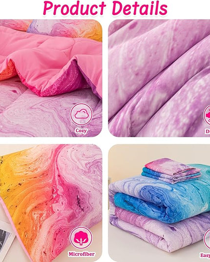 4 Pcs Tie Dye Full Comforter Set for Girls, Watercolor Marble Abstract Art Superior Kids Bedding Sets Full Size, Pink Purple Blue Colorful Teenage Girls Comforter Sets - LeafyLoom