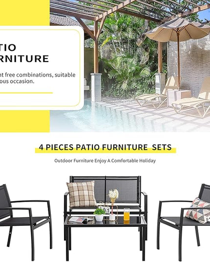 Shintenchi 4 Pieces Patio Furniture Set All Weather Textile Fabric Outdoor Conversation Set, with Glass Coffee Table, Loveseat, 2 Single Chairs for Home, Garden, Lawn, Porch（Black） - LeafyLoom