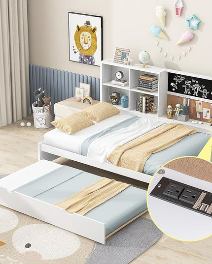 Wooden Full Size Daybed with Twin Trundle, USB Ports, Storage Shelves, Blackboard, Cork board, White - LeafyLoom