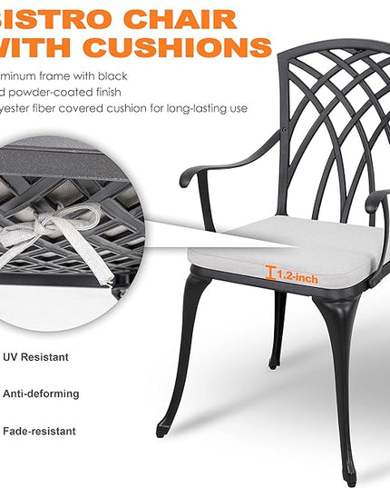 NUU GARDEN Bistro Set 3 Piece Outdoor Cast Aluminum Patio Bistro Set Patio Table and Chairs Set of 2 with Umbrella Hole and Gray Cushions, Black - LeafyLoom