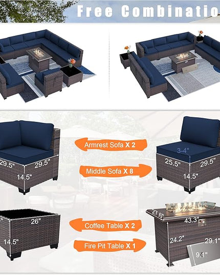 Patio Furniture Set with Fire Pit Table 13 PCS Outdoor Sectional Furniture Outdoor Rattan Patio Conversation Sets with 43in 55,000 BTU Propane Gas Fire Pit Table Glass Table, Navy Blue - LeafyLoom