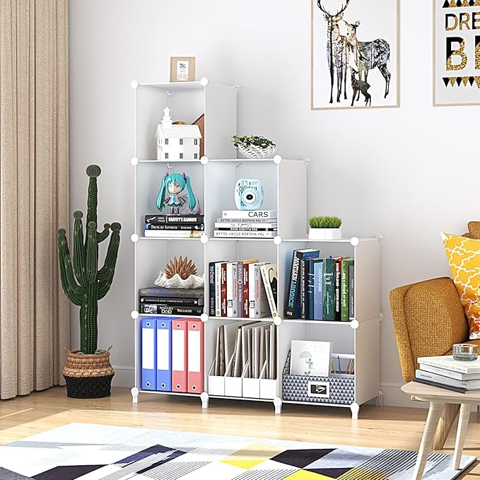 FUNLAX Cube Storage Shelf, 9 Storage Cubes Closet Organizers and Storage Portable Cube Storage Organizer Plastic Bookshelf Bookcase for Study Room, Bedroom, Office, White - LeafyLoom