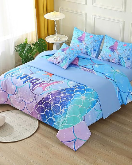 JQinHome Mermaid Comforter Set Twin Size, 6 Piece Mermaid Tail Bed in A Bag,3D Colorful Mermaid Bedding Set for Girls Kids, Sparkle Teal Bedroom Decor Bedding Set with Sheets (Blue) - LeafyLoom