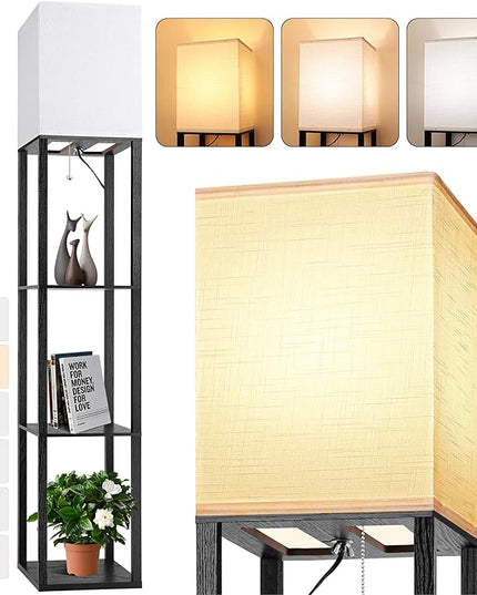 Floor Lamp with Shelves for Living Room, Shelf Floor Lamp with 3 CCT LED Bulb, Corner Display Standing Column Lamp Etagere Organizer Tower Nightstand with White Linen Shade for Bedroom, Office - LeafyLoom