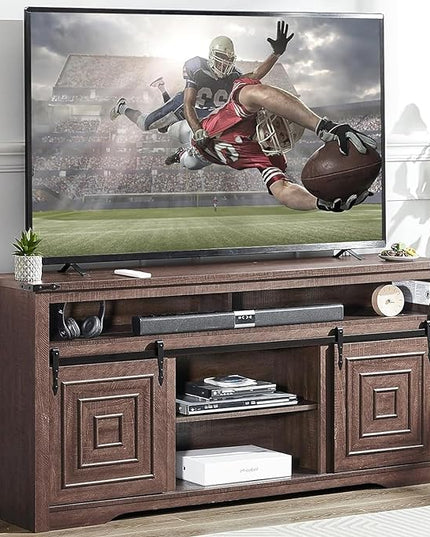 Zanzio 66" Farmhouse TV Stand for up to 75 inch TVs, Rustic Entertainment Center Media Console Table with Sliding Barn Doors Living Room Bedroom Wooden TV Cabinet (Rustic Brown) - LeafyLoom