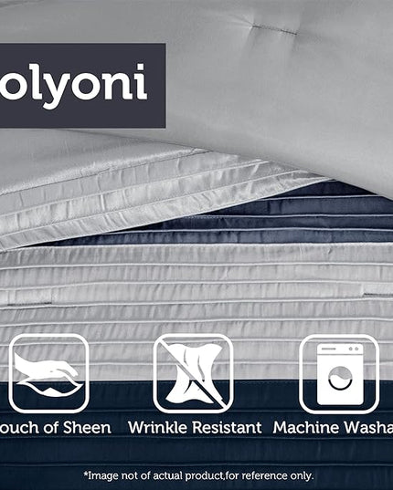 Madison Park Amherst Faux Silk Comforter Set-Casual Contemporary Design All Season Down Alternative Bedding, Matching Shams, Bedskirt, Decorative Pillows, King(104"x92"), Navy, 7 Piece (MP10-2208) - LeafyLoom