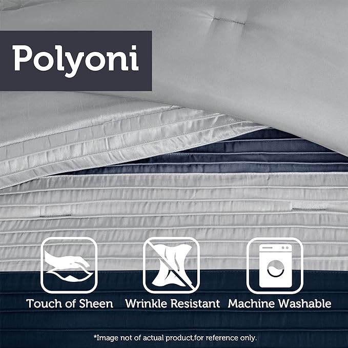 Madison Park Amherst Faux Silk Comforter Set-Casual Contemporary Design All Season Down Alternative Bedding, Matching Shams, Bedskirt, Decorative Pillows, King(104"x92"), Navy, 7 Piece (MP10-2208) - LeafyLoom